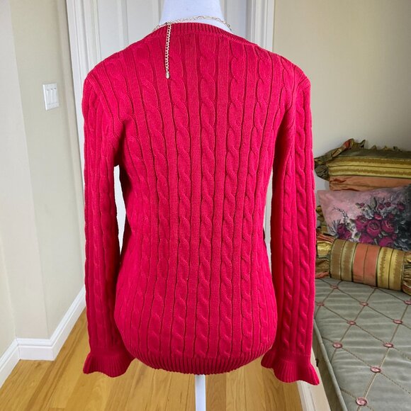Lauren Ralph Lauren Sweater Cotton Cable Knit Flared Cuff Long Sleeves Red (M) - Picture 3 of 7